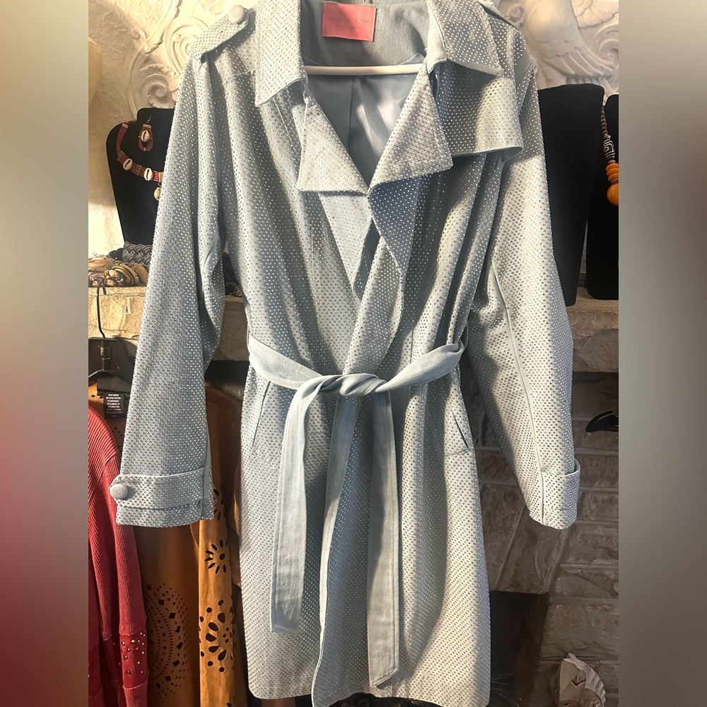 Akira denim blinged studded Blue Women's Trench Coat xl